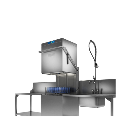 Hobart Profi AMXXL Passthrough Dishwasher 500mm Rack | Dishwashers Direct and rinsing system with an overhead chiller unit, a sink with a flexible gooseneck sprayer, and a lower work table on a plain white background.