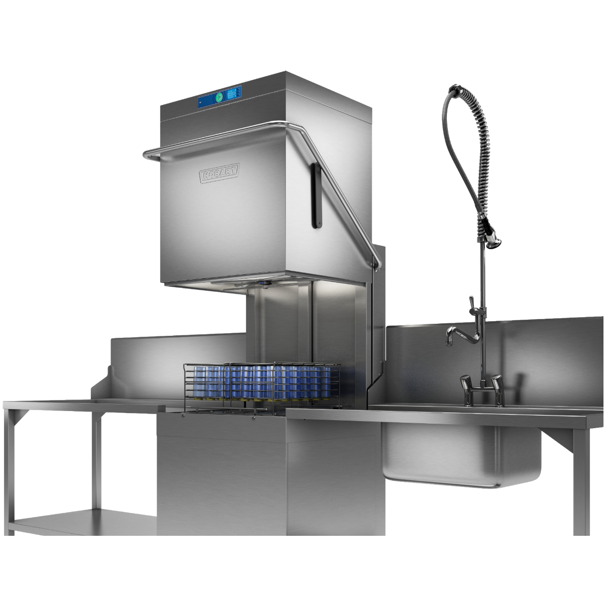 Hobart Profi AMXXL Passthrough Dishwasher 500mm Rack | Dishwashers Direct with an integrated sink, flexible gooseneck faucet, and a basket of blue-rimmed dishes, isolated on a white background.