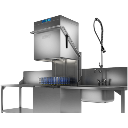 Hobart Profi AMXXL Passthrough Dishwasher 500mm Rack | Dishwashers Direct with an integrated sink, flexible gooseneck faucet, and a basket of blue-rimmed dishes, isolated on a white background.
