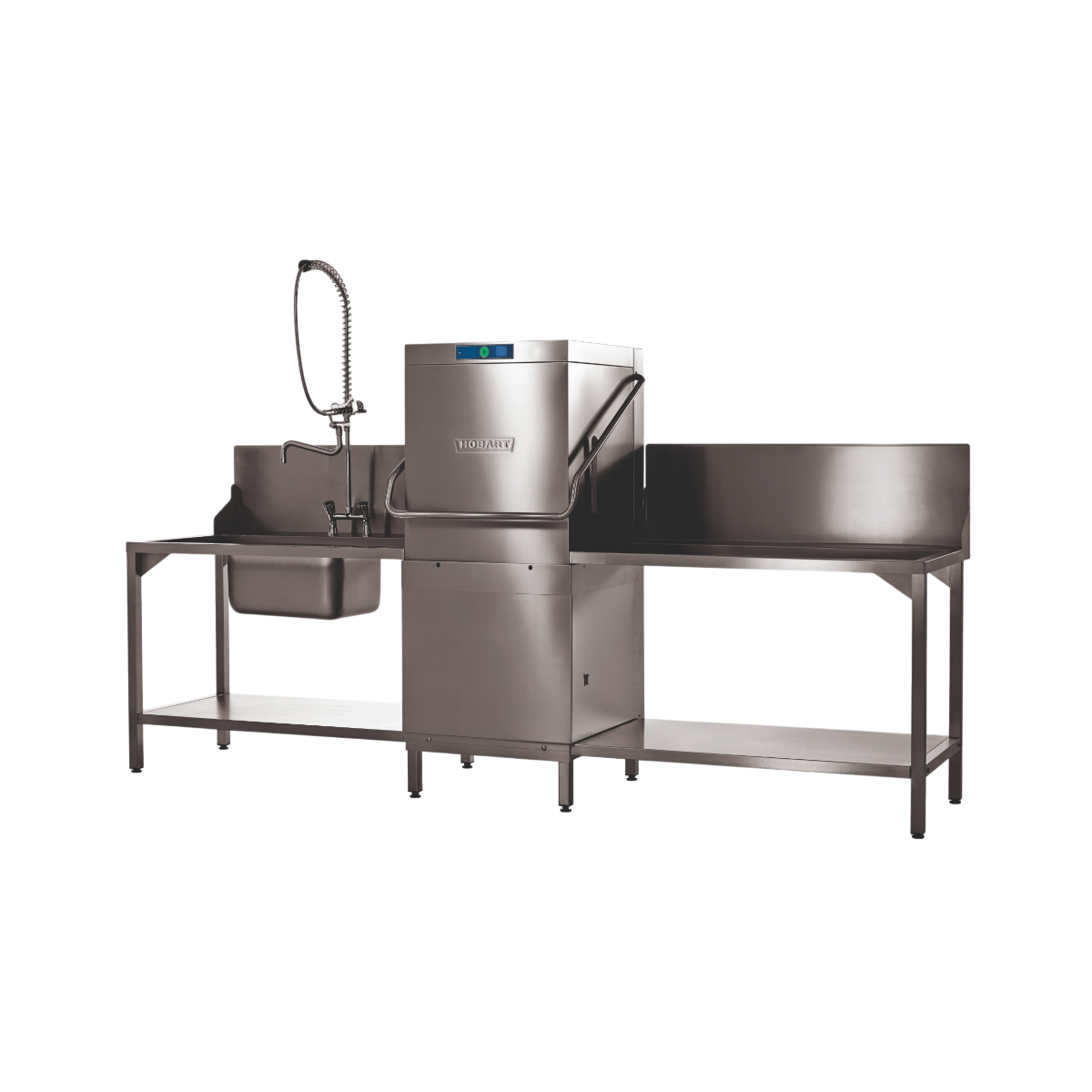 Hobart Profi AMXR Passthrough Dishwasher 500mm Rack | Dishwashers Direct, featuring a sink with a flexible gooseneck faucet, a central machine unit, and a large wash tank on a support frame.