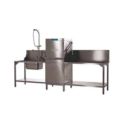 Hobart Profi AMXR Passthrough Dishwasher 500mm Rack | Dishwashers Direct, featuring a sink with a flexible gooseneck faucet, a central machine unit, and a large wash tank on a support frame.