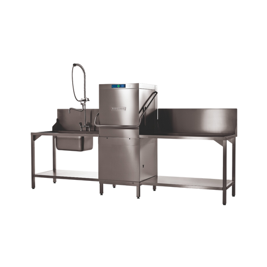 Hobart Profi AMXR Passthrough Dishwasher 500mm Rack | Dishwashers Direct, featuring a sink with a flexible gooseneck faucet, a central machine unit, and a large wash tank on a support frame.