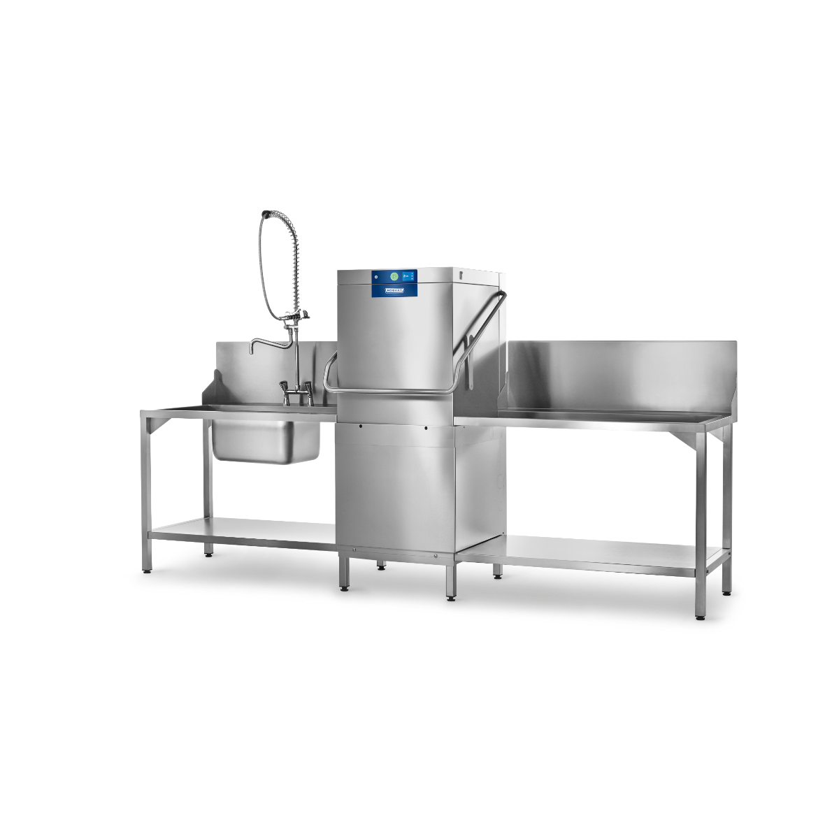 Hobart Profi AMXR Passthrough Dishwasher 500mm Rack | Dishwashers Directwith a sink, flexible faucet, central machine unit, and large sink basin