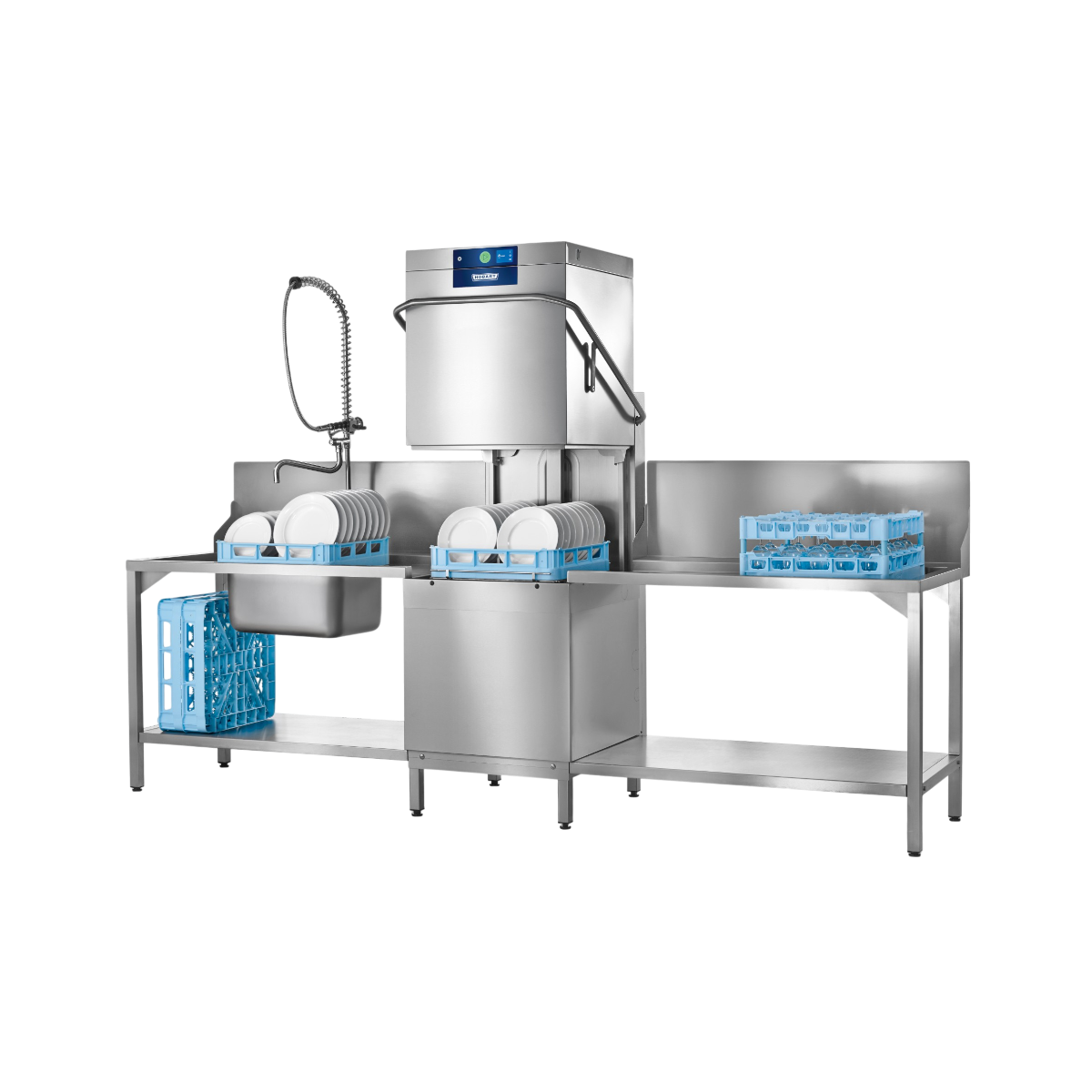 Hobart Profi AMXR Passthrough Dishwasher 500mm Rack | Dishwashers Direct and sink unit on a white background, with blue dish racks and white plates shown as included or demonstration items.