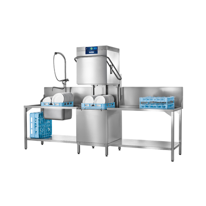 Hobart Profi AMXR Passthrough Dishwasher 500mm Rack | Dishwashers Direct and sink unit on a white background, with blue dish racks and white plates shown as included or demonstration items.