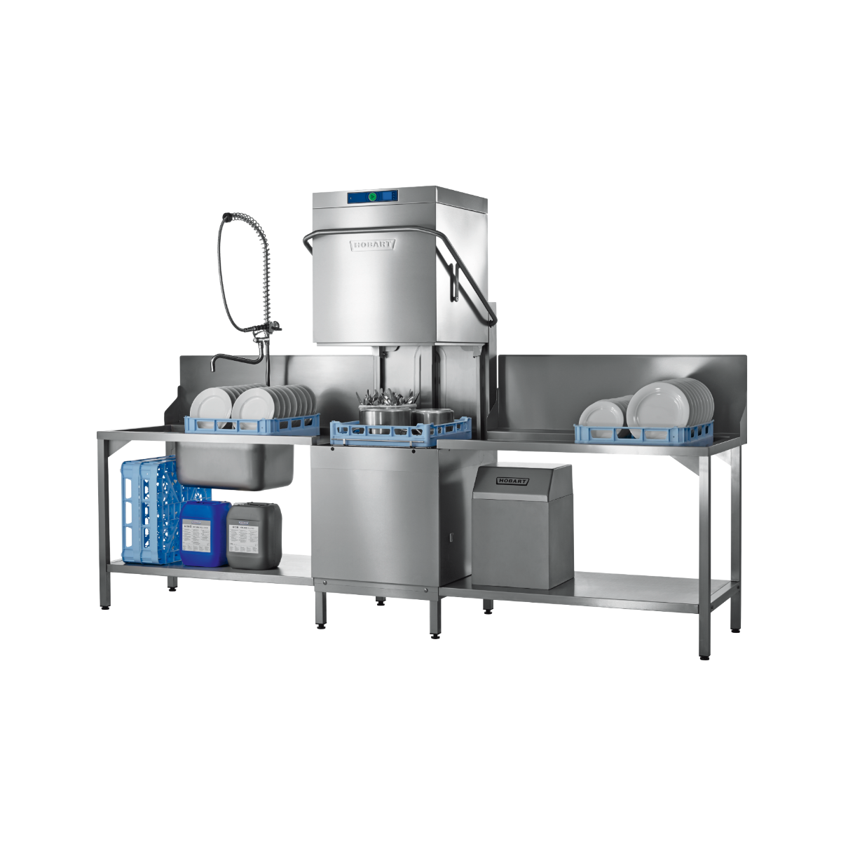 Hobart Profi AMXR Passthrough Dishwasher 500mm Rack | Dishwashers Direct and drying station with a sink, flexible hose, central dryer unit, lower shelf, and dish racks holding white plates, shown on a plain white background.