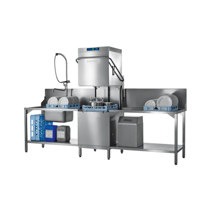 Hobart Profi AMXR Passthrough Dishwasher 500mm Rack | Dishwashers Direct and drying station with a sink, flexible hose, central dryer unit, lower shelf, and dish racks holding white plates, shown on a plain white background.