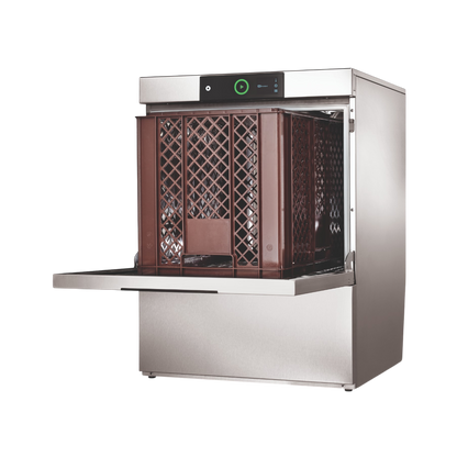 Hobart Profi FXL Undercounter Dishwasher 500mm Rack | Dishwashers Direct with its door open, showing a dark brown interior basket and control panel on a white background.