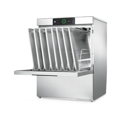 Hobart Profi FXL Undercounter Dishwasher 500mm Rack | Dishwashers Direct with its door open, showing multiple vertical racks and a control panel at the top