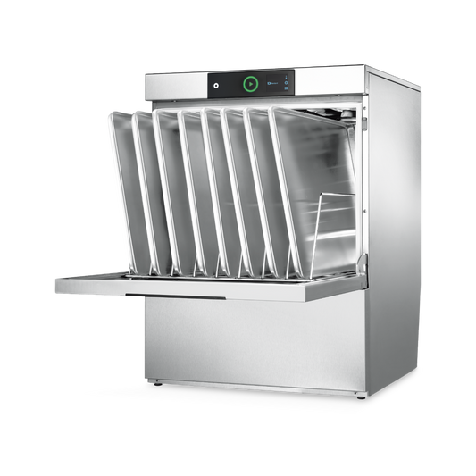 Hobart Profi FXL Undercounter Dishwasher 500mm Rack | Dishwashers Direct with its door open, showing multiple vertical racks and a control panel at the top