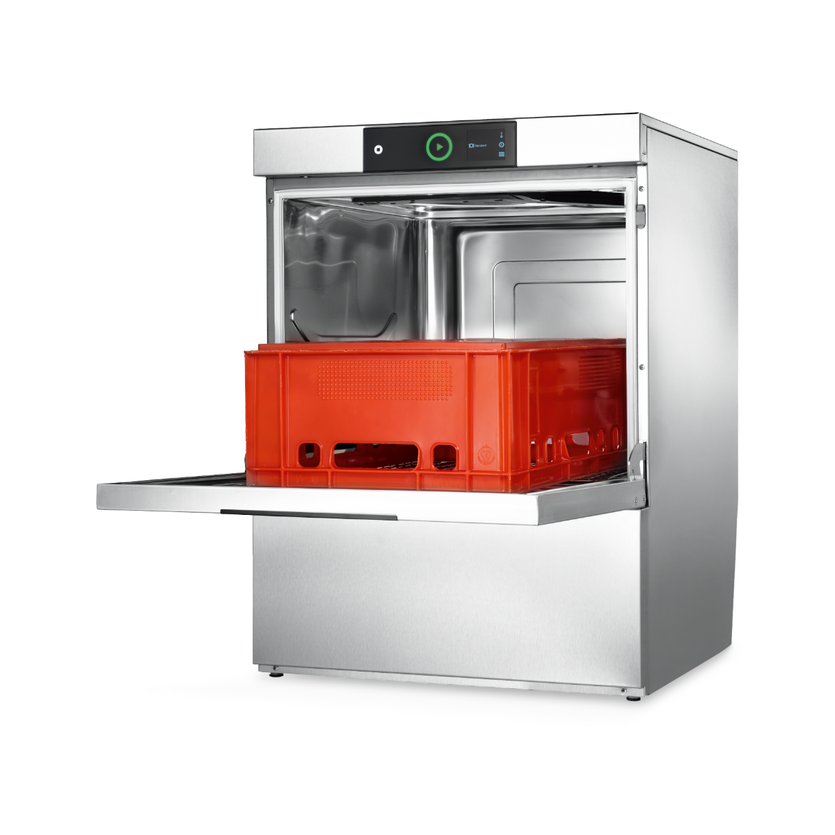 Hobart Profi FXL Undercounter Dishwasher 500mm Rack | Dishwashers Direct with its door open, showing a bright orange plastic basket inside, on a solid white background.
