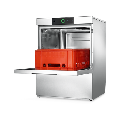 Hobart Profi FXL Undercounter Dishwasher 500mm Rack | Dishwashers Direct with its door open, showing a bright orange plastic basket inside, on a solid white background.