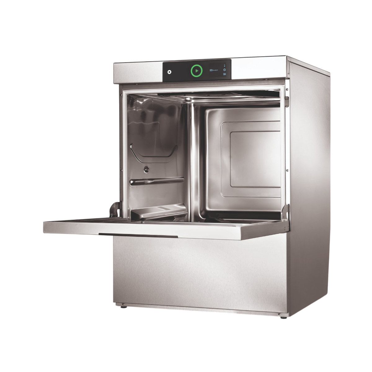 Hobart Profi FXL Undercounter Dishwasher 500mm Rack | Dishwashers Direct with its door pulled open, showing the interior racks and control panel on a clean white background.