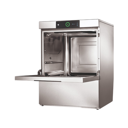 Hobart Profi FXL Undercounter Dishwasher 500mm Rack | Dishwashers Direct with its door pulled open, showing the interior racks and control panel on a clean white background.