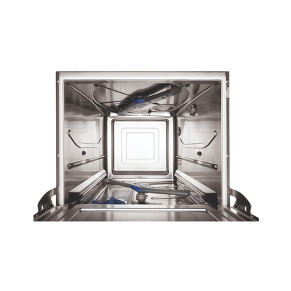 Hobart Profi FXL Undercounter Dishwasher 500mm Rack | Dishwashers Direct viewed from the inside, showing the clean interior racks, spray arms, and door frame on a white background.