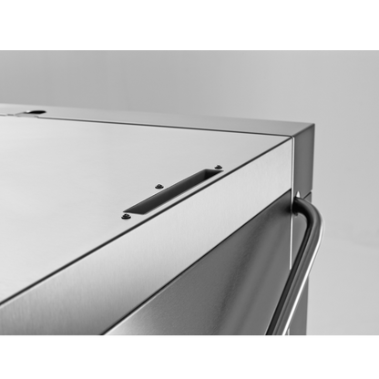 Close-up detail of Hobart Profi AMXT Double Rack Passthrough Glass & Dishwasher | Dishwashers Direct showing a brushed metal surface, a black handle recess, and a curved black handle 