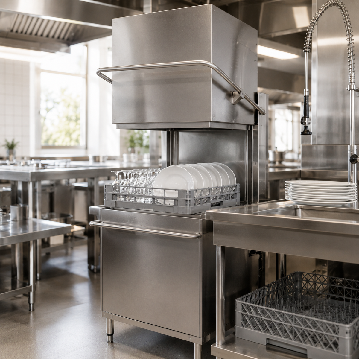 A commercial stainless steel dishwasher with a top-mounted sink and drain unit, shown in a clean commercial kitchen with dishes loaded inside.