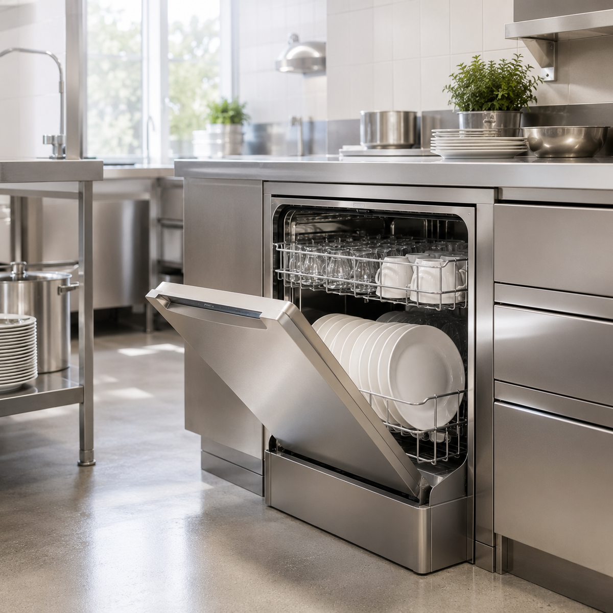 A stainless steel dishwasher is shown open in a modern kitchen, with white plates and clear glasses visible inside.